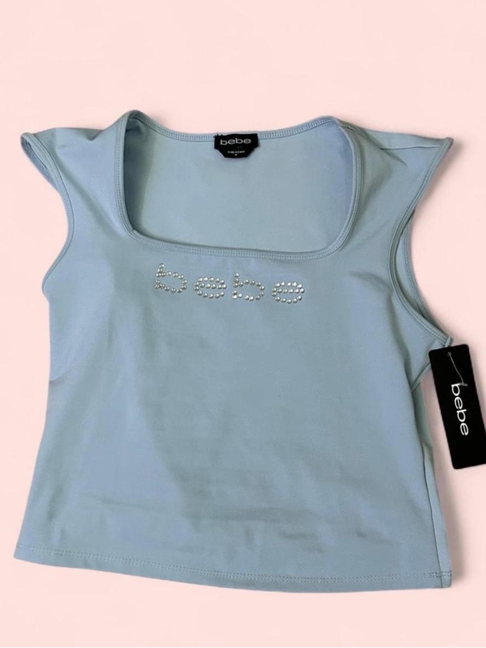 bebe Light Blue Rhinestone Logo Short Sleeve Tee